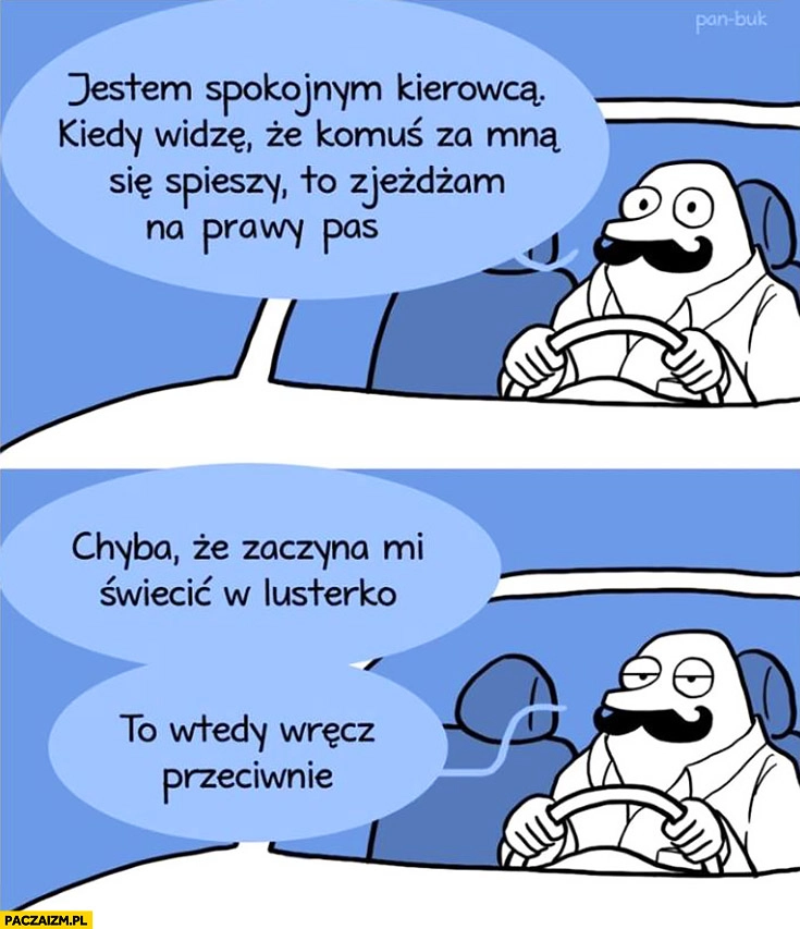 
    Pan Buk Jestem spokojnym kierowcą, kiedy widzę, że komuś za mną się śpieszy to zjeżdżam na prawy pas, chyba, że zaczyna mi świecić w lusterko to wtedy wręcz przeciwnie