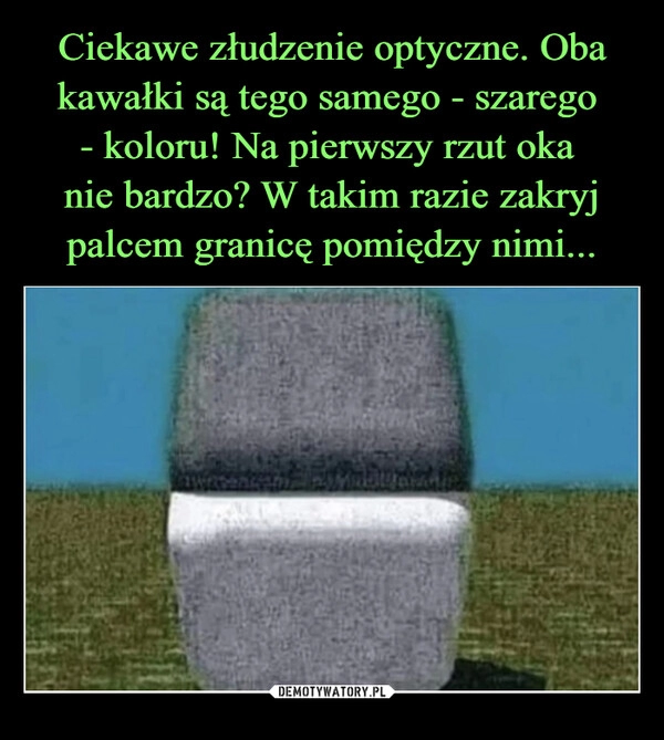 
    Ciekawe złudzenie optyczne. Oba kawałki są tego samego - szarego 
- koloru! Na pierwszy rzut oka 
nie bardzo? W takim razie zakryj palcem granicę pomiędzy nimi...