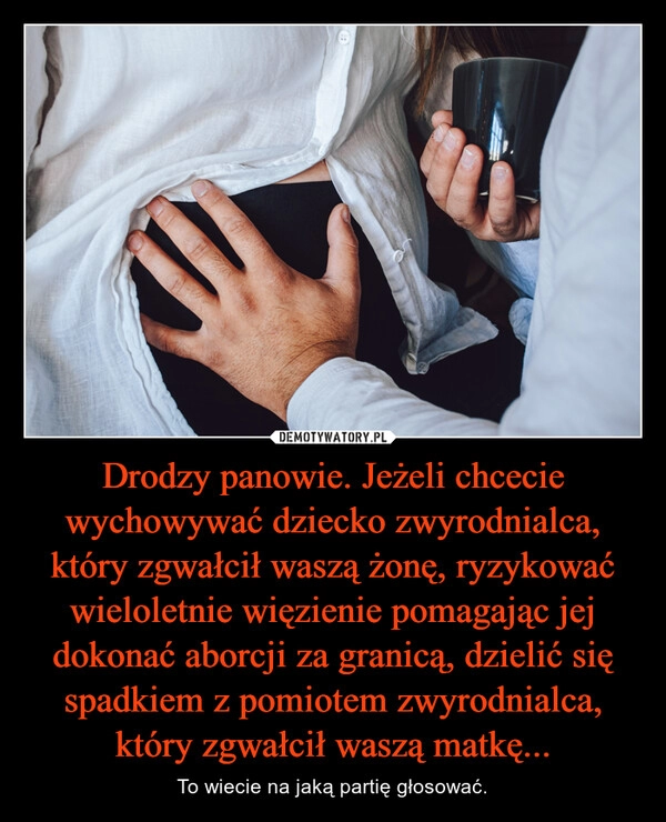 
    Drodzy panowie. Jeżeli chcecie wychowywać dziecko zwyrodnialca, który zgwałcił waszą żonę, ryzykować wieloletnie więzienie pomagając jej dokonać aborcji za granicą, dzielić się spadkiem z pomiotem zwyrodnialca, który zgwałcił waszą matkę...