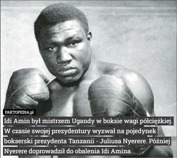 
    Idi Amin był mistrzem Ugandy w boksie wagi półciężkiej. W czasie swojej