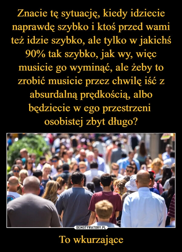 
    Znacie tę sytuację, kiedy idziecie naprawdę szybko i ktoś przed wami też idzie szybko, ale tylko w jakichś 90% tak szybko, jak wy, więc musicie go wyminąć, ale żeby to zrobić musicie przez chwilę iść z absurdalną prędkością, albo będziecie w ego przestrzeni 
osobistej zbyt długo? To wkurzające