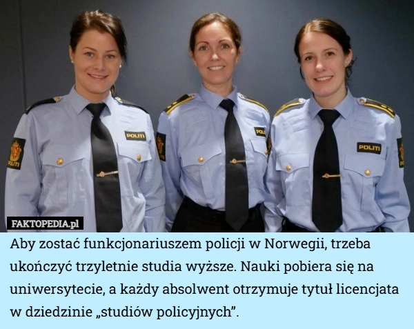 
    Aby zostać funkcjonariuszem policji w Norwegii, trzeba ukończyć trzyletnie