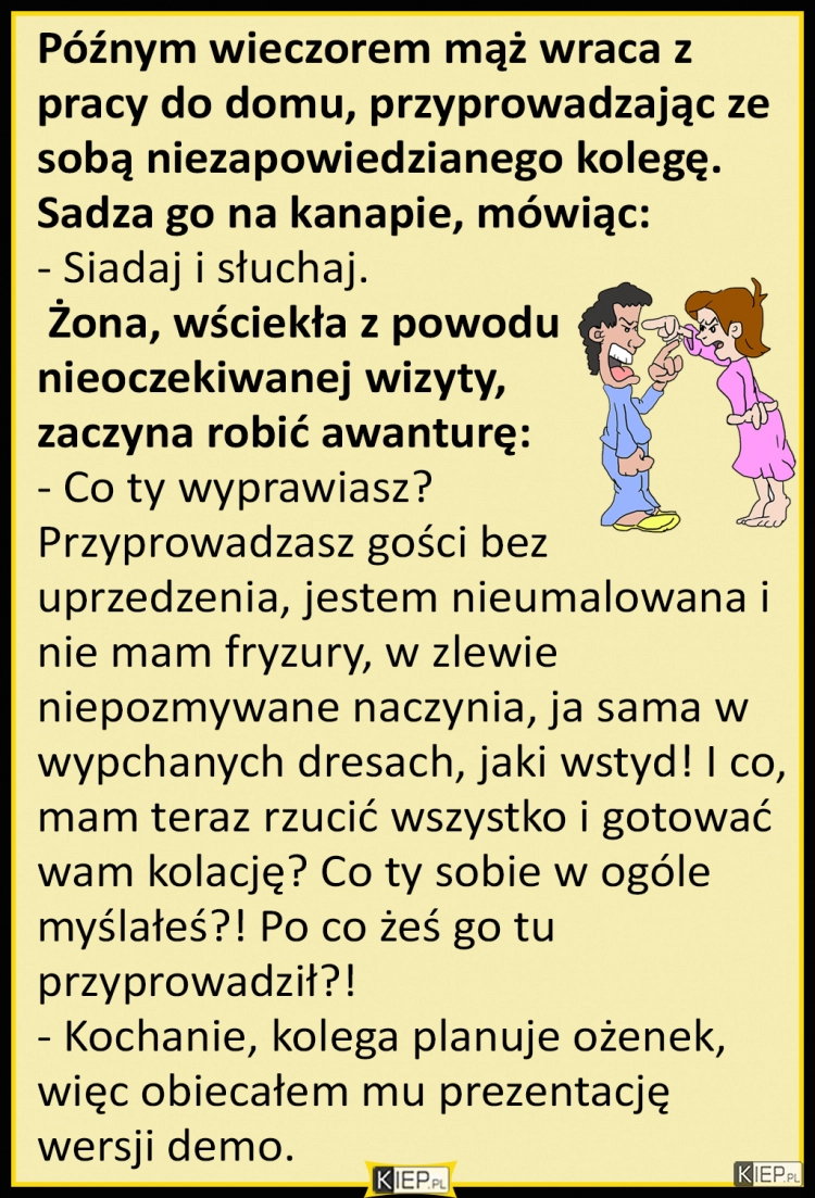 
    Późnym wieczorem mąż wraca z pracy do domu, przyprowadzając ze sobą niezapowiedzianego kolegę...