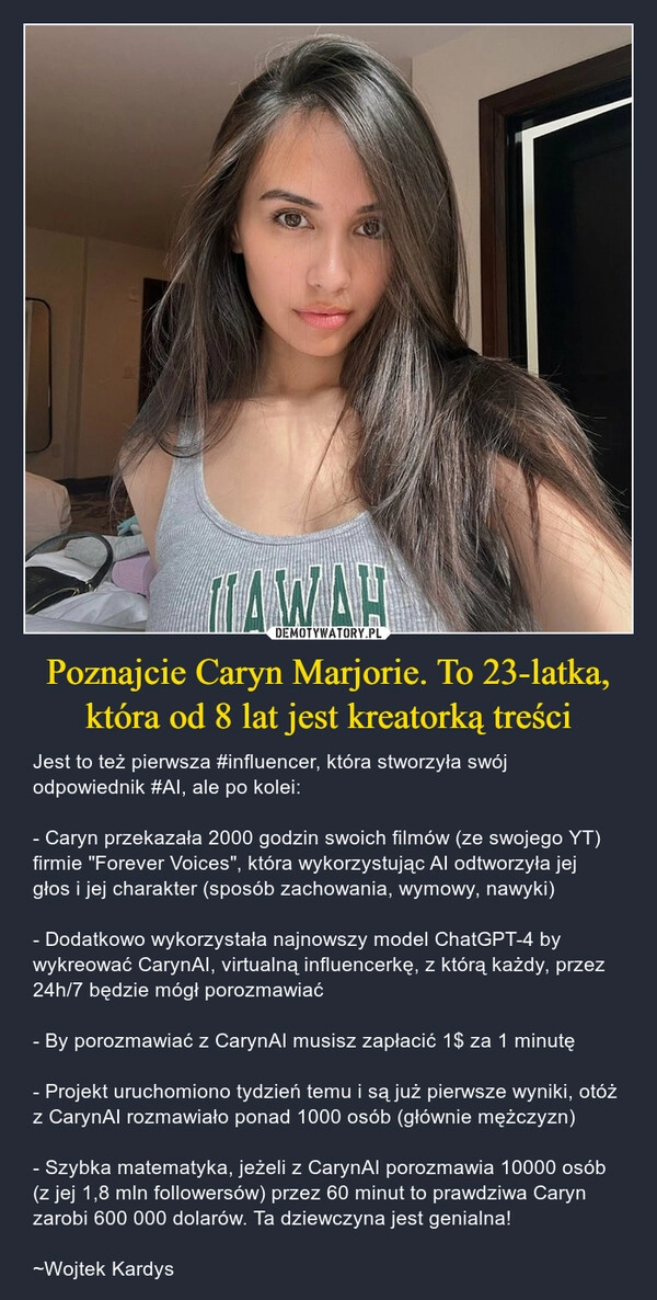 
    Poznajcie Caryn Marjorie. To 23-latka, która od 8 lat jest kreatorką treści