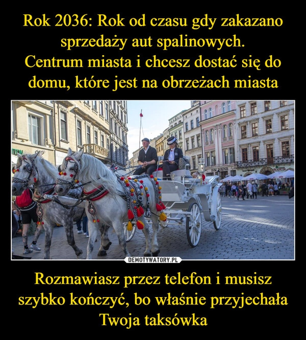 
    Rok 2036: Rok od czasu gdy zakazano sprzedaży aut spalinowych.
Centrum miasta i chcesz dostać się do domu, które jest na obrzeżach miasta Rozmawiasz przez telefon i musisz szybko kończyć, bo właśnie przyjechała Twoja taksówka