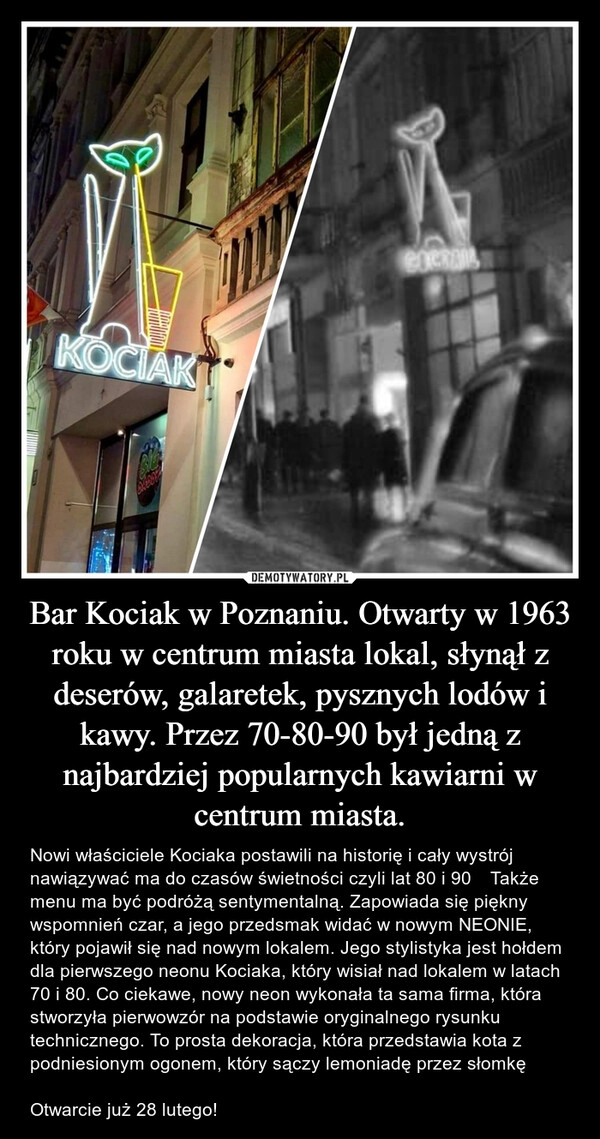 
    Bar Kociak w Poznaniu. Otwarty w 1963 roku w centrum miasta lokal, słynął z deserów, galaretek, pysznych lodów i kawy. Przez 70-80-90 był jedną z najbardziej popularnych kawiarni w centrum miasta.