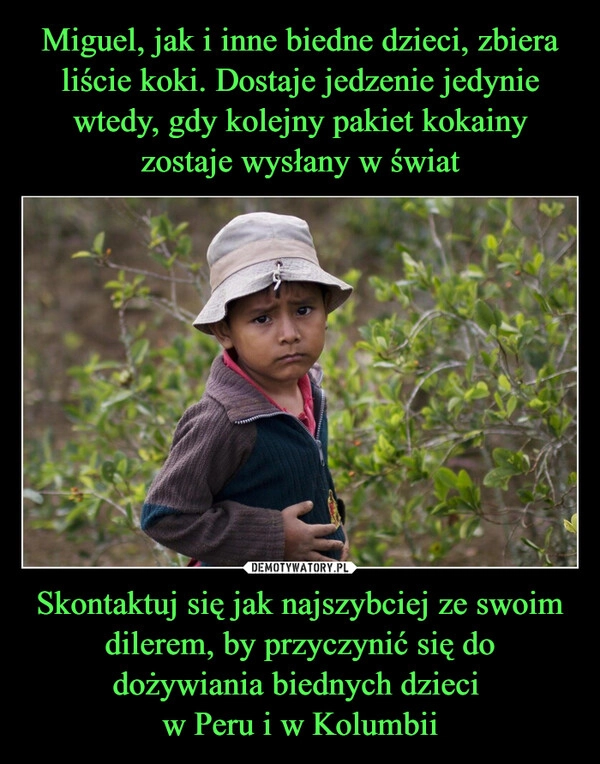 
    Miguel, jak i inne biedne dzieci, zbiera liście koki. Dostaje jedzenie jedynie wtedy, gdy kolejny pakiet kokainy zostaje wysłany w świat Skontaktuj się jak najszybciej ze swoim dilerem, by przyczynić się do dożywiania biednych dzieci 
w Peru i w Kolumbii