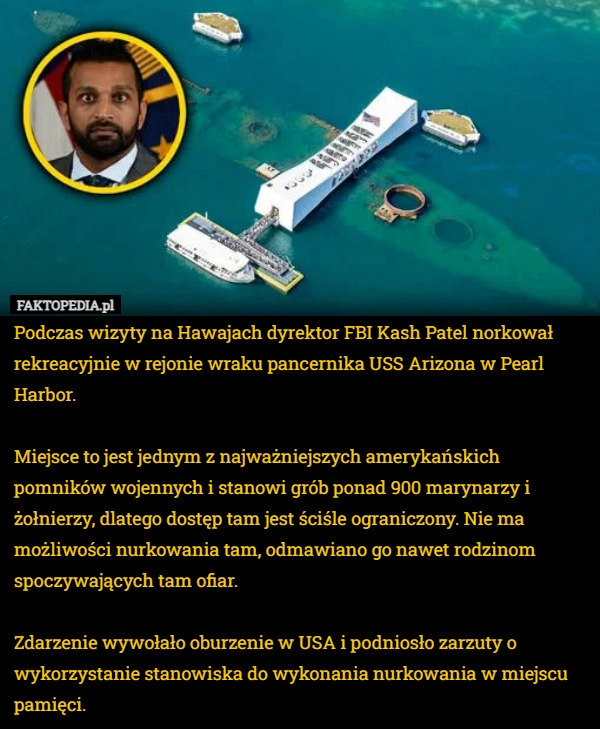 
    Podczas wizyty na Hawajach dyrektor FBI Kash Patel norkował rekreacyjnie