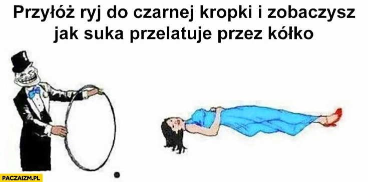 
    Przyłóż ryj do czarnej kropki i zobaczysz jak suka przelatuje przez kółko złudzenie optyczne sztuczka