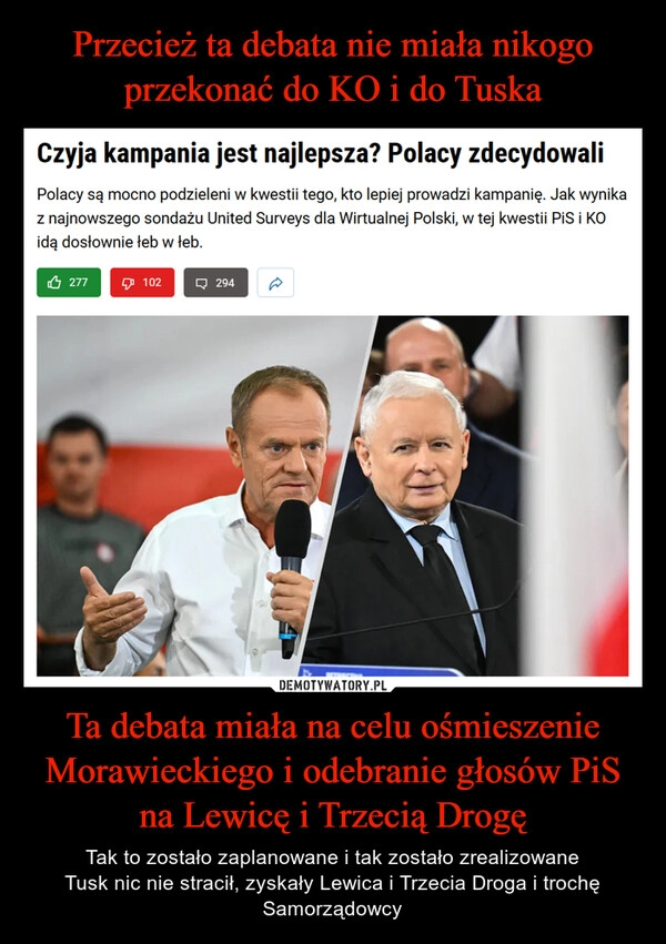 
    Przecież ta debata nie miała nikogo przekonać do KO i do Tuska Ta debata miała na celu ośmieszenie Morawieckiego i odebranie głosów PiS na Lewicę i Trzecią Drogę