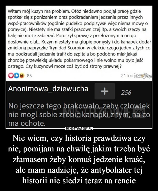 
    Nie wiem, czy historia prawdziwa czy nie, pomijam na chwilę jakim trzeba być złamasem żeby komuś jedzenie kraść, ale mam nadzieję, że antybohater tej historii nie siedzi teraz na rencie