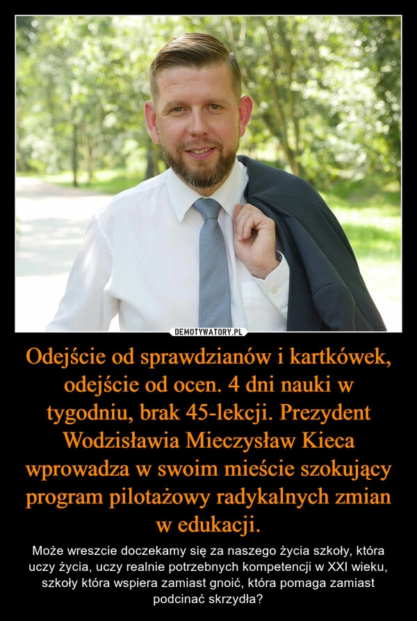 
    Odejście od sprawdzianów i kartkówek, odejście od ocen. 4 dni nauki w tygodniu, brak 45-lekcji. Prezydent Wodzisławia Mieczysław Kieca wprowadza w swoim mieście szokujący program pilotażowy radykalnych zmian w edukacji.