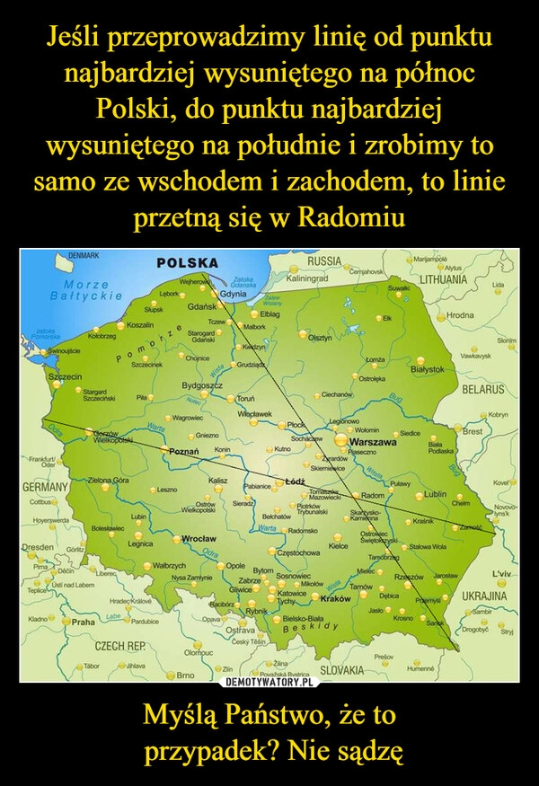 
    Jeśli przeprowadzimy linię od punktu najbardziej wysuniętego na północ Polski, do punktu najbardziej wysuniętego na południe i zrobimy to samo ze wschodem i zachodem, to linie przetną się w Radomiu Myślą Państwo, że to
 przypadek? Nie sądzę