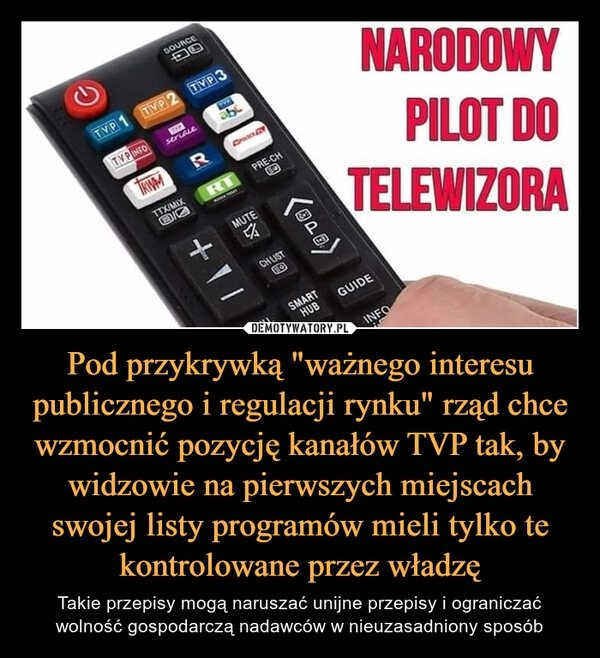 
    
Pod przykrywką "ważnego interesu publicznego i regulacji rynku" rząd chce wzmocnić pozycję kanałów TVP tak, by widzowie na pierwszych miejscach swojej listy programów mieli tylko te kontrolowane przez władzę 