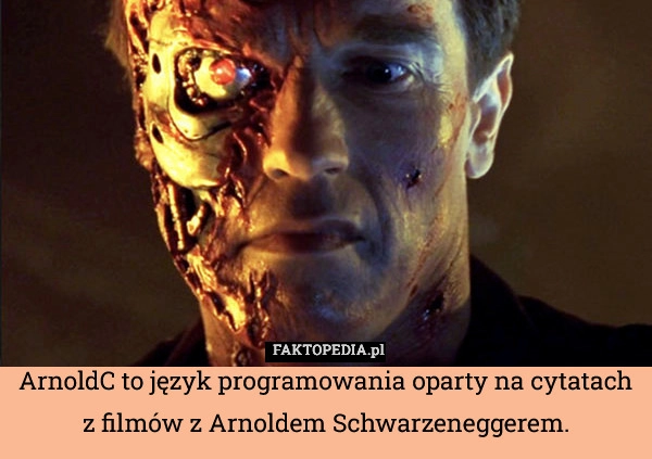 
    ArnoldC to język programowania oparty na cytatach z filmów z Arnoldem Schwarzeneggerem.