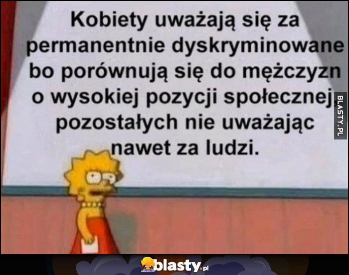 
    Kobiety uważają się za permanentnie dyskryminowane bo porównują się do mężczyzn o wysokiej pozycji społecznej, pozostałych nie uważając nawet za ludzi Lisa Simpson