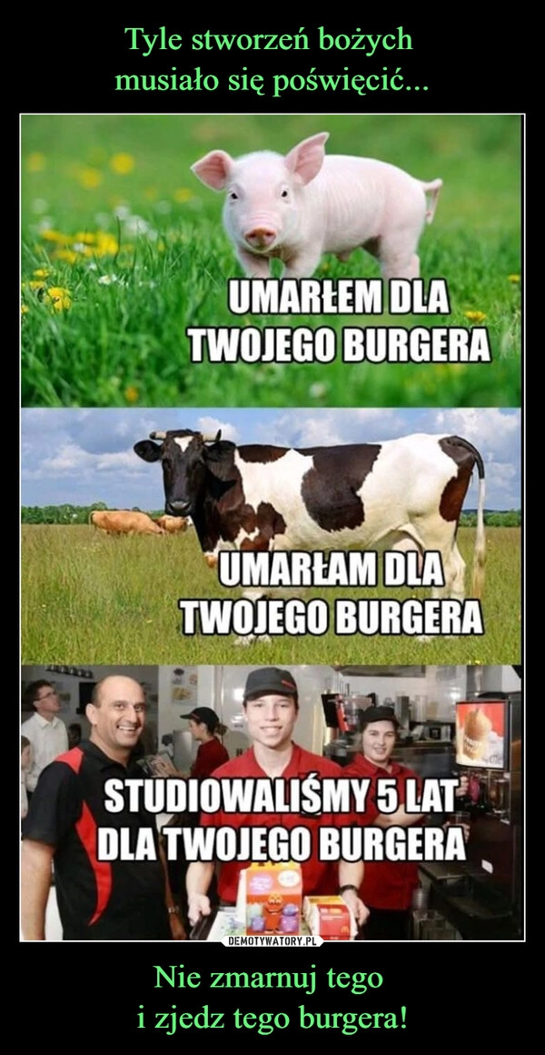 
    Tyle stworzeń bożych 
musiało się poświęcić... Nie zmarnuj tego 
i zjedz tego burgera!