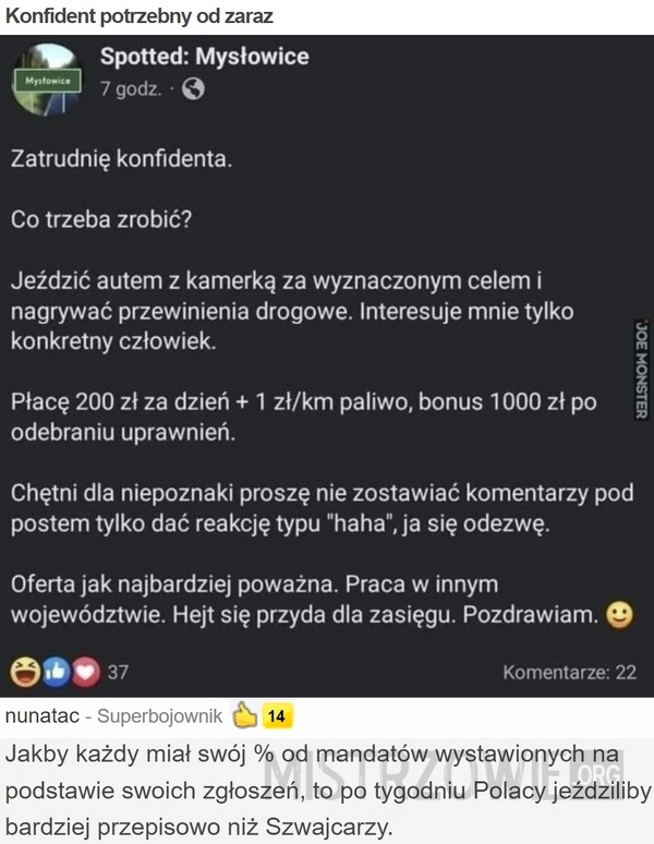 
    Konfident potrzebny od zaraz