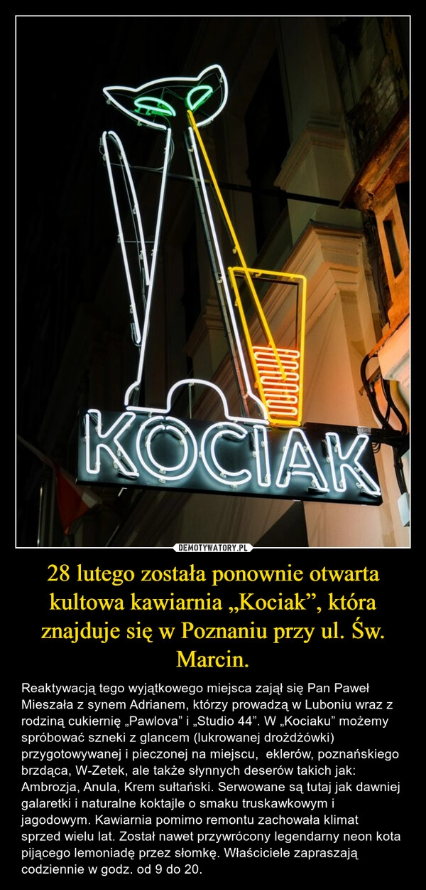 
    28 lutego została ponownie otwarta kultowa kawiarnia „Kociak”, która znajduje się w Poznaniu przy ul. Św. Marcin.