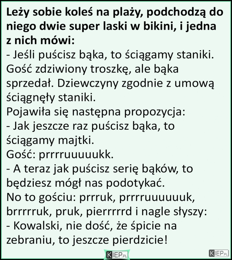 
    Leży sobie koleś na plaży, podchodzą do niego dwie super laski w bikini, i...