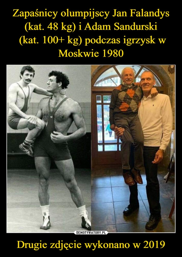 
    Zapaśnicy olumpijscy Jan Falandys (kat. 48 kg) i Adam Sandurski
 (kat. 100+ kg) podczas igrzysk w Moskwie 1980 Drugie zdjęcie wykonano w 2019