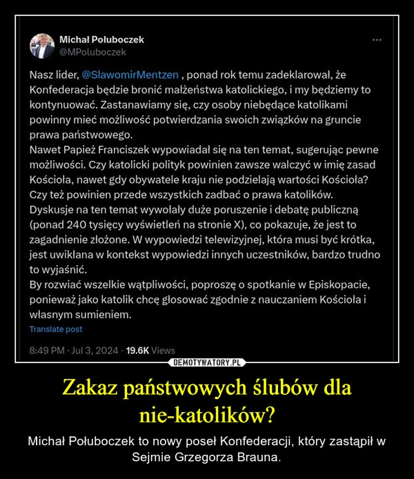 
    Zakaz państwowych ślubów dla nie-katolików?