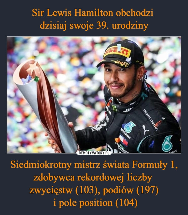 
    Sir Lewis Hamilton obchodzi 
dzisiaj swoje 39. urodziny Siedmiokrotny mistrz świata Formuły 1, zdobywca rekordowej liczby 
zwycięstw (103), podiów (197)
 i pole position (104)