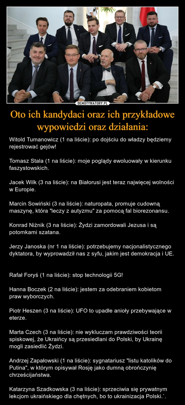 
    Oto ich kandydaci oraz ich przykładowe wypowiedzi oraz działania: