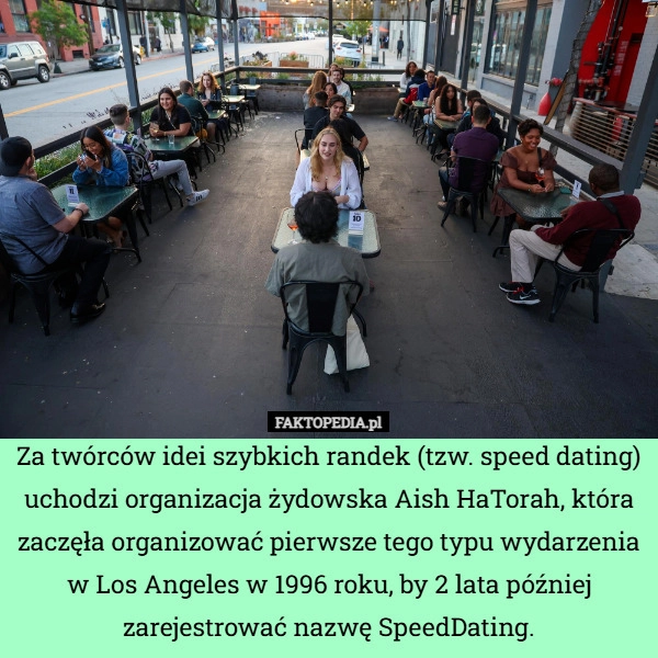 
    Za twórców idei szybkich randek (tzw. speed dating) uchodzi organizacja