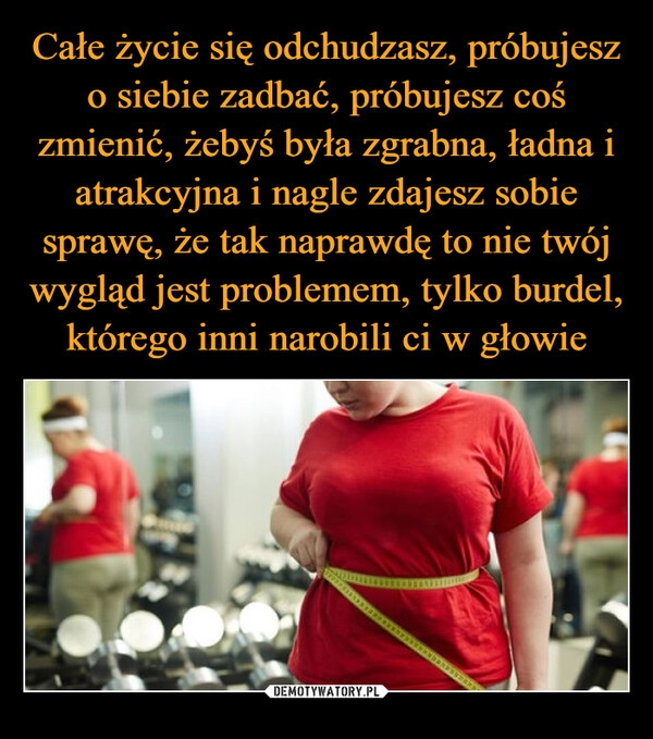 
    Całe życie się odchudzasz, próbujesz o siebie zadbać, próbujesz coś zmienić, żebyś była zgrabna, ładna i atrakcyjna i nagle zdajesz sobie sprawę, że tak naprawdę to nie twój wygląd jest problemem, tylko burdel, którego inni narobili ci w głowie