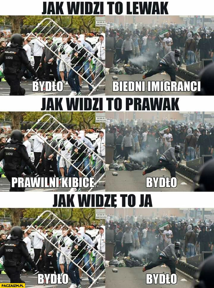 
    Jak to widzi lewak, prawak, jak to widzę ja: kibice, imigranci, bydło