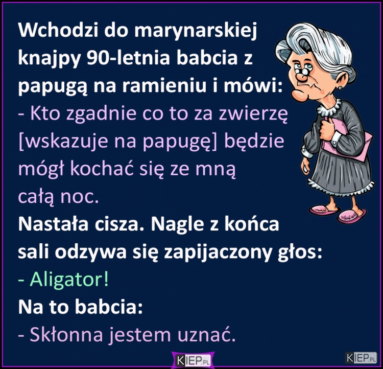 
    Wchodzi do marynarskiej knajpy 90-letnia babcia z papugą na ramieniu i mówi...