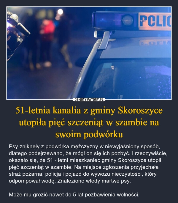 
    51-letnia kanalia z gminy Skoroszyce utopiła pięć szczeniąt w szambie na swoim podwórku