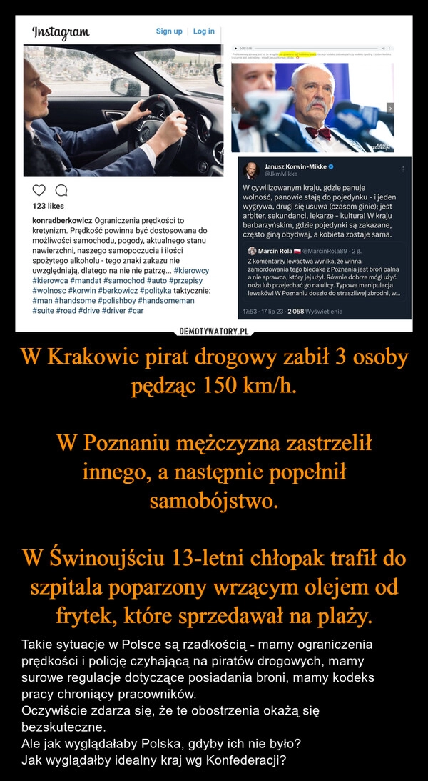 
    W Krakowie pirat drogowy zabił 3 osoby pędząc 150 km/h.

W Poznaniu mężczyzna zastrzelił innego, a następnie popełnił samobójstwo.

W Świnoujściu 13-letni chłopak trafił do szpitala poparzony wrzącym olejem od frytek, które sprzedawał na plaży.