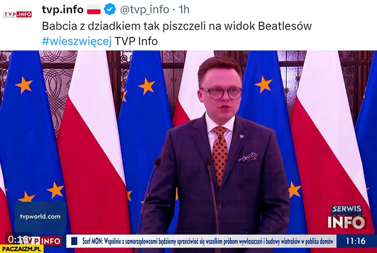 
    Hołownia z czerwona twarzą pasek podpis TVP info babcia z dziadkiem tak piszczeli na widok Beatlesów