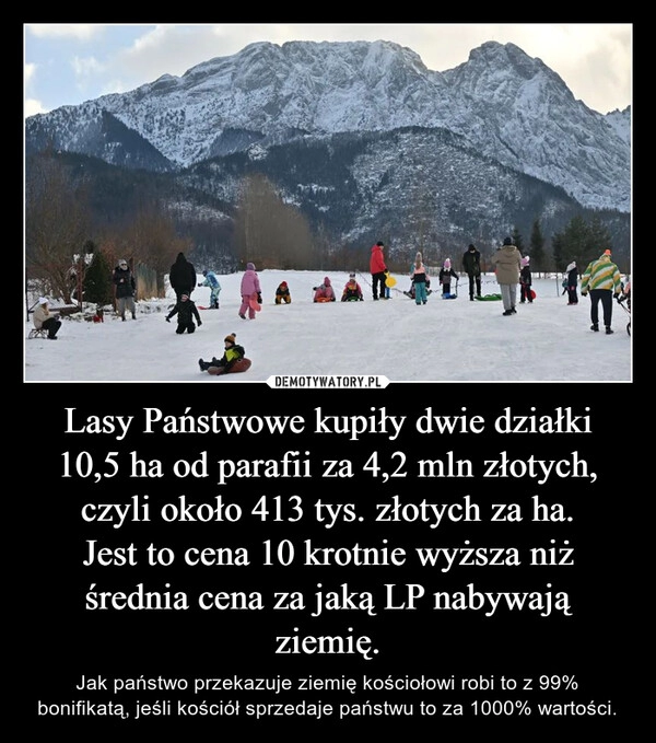 
    Lasy Państwowe kupiły dwie działki 10,5 ha od parafii za 4,2 mln złotych, czyli około 413 tys. złotych za ha.
Jest to cena 10 krotnie wyższa niż średnia cena za jaką LP nabywają ziemię.