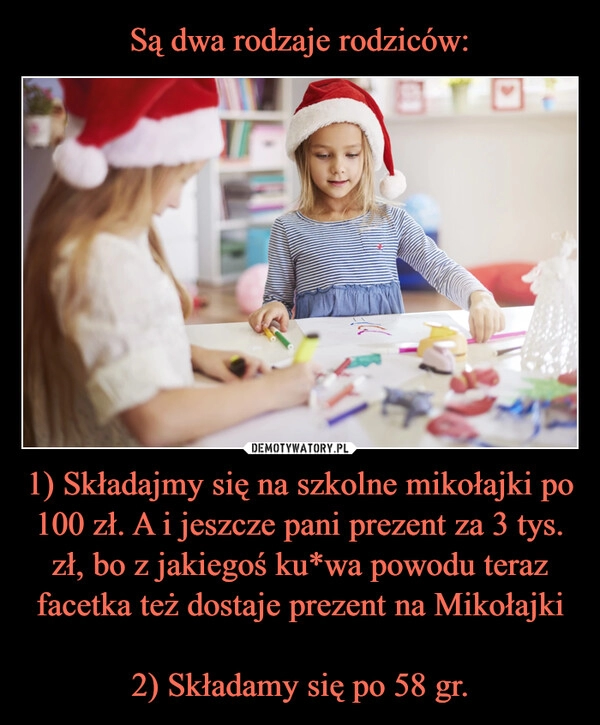 
    Są dwa rodzaje rodziców: 1) Składajmy się na szkolne mikołajki po 100 zł. A i jeszcze pani prezent za 3 tys. zł, bo z jakiegoś ku*wa powodu teraz facetka też dostaje prezent na Mikołajki

2) Składamy się po 58 gr.