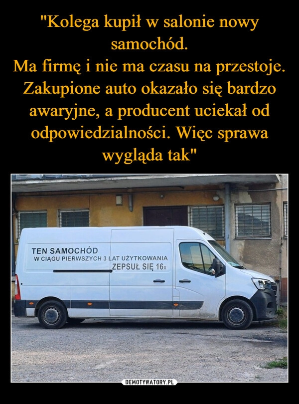 
    "Kolega kupił w salonie nowy samochód.
Ma firmę i nie ma czasu na przestoje.
Zakupione auto okazało się bardzo awaryjne, a producent uciekał od odpowiedzialności. Więc sprawa wygląda tak"