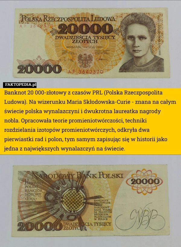 
    Banknot 20 000-złotowy z czasów PRL (Polska Rzeczpospolita Ludowa). Na wizerunku