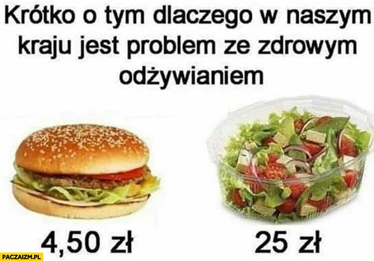 
    Krótko o tym dlaczego w naszym kraju jest problem ze zdrowym odżywianiem burger 4 zł sałatka 25 zł