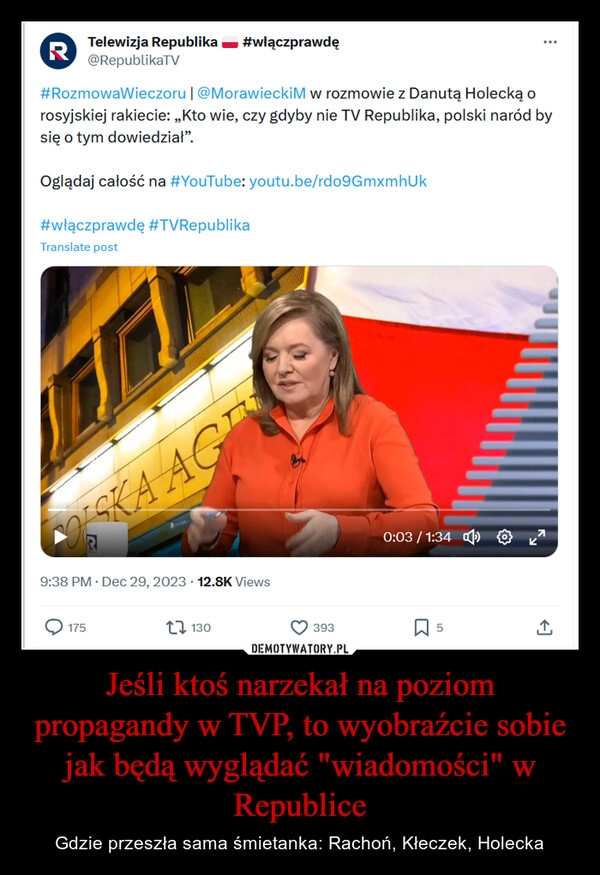 
    Jeśli ktoś narzekał na poziom propagandy w TVP, to wyobraźcie sobie jak będą wyglądać "wiadomości" w Republice