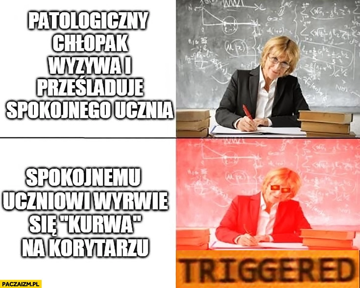 
    Typowa nauczycielka patologiczny chłopak wyzywa i prześladuje spokojnego ucznia vs spokojnemu uczniowi wyrwie się kurna na korytarzu triggered