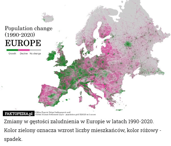 
    Zmiany w gęstości zaludnienia w Europie w latach 1990-2020.
Kolor zielony