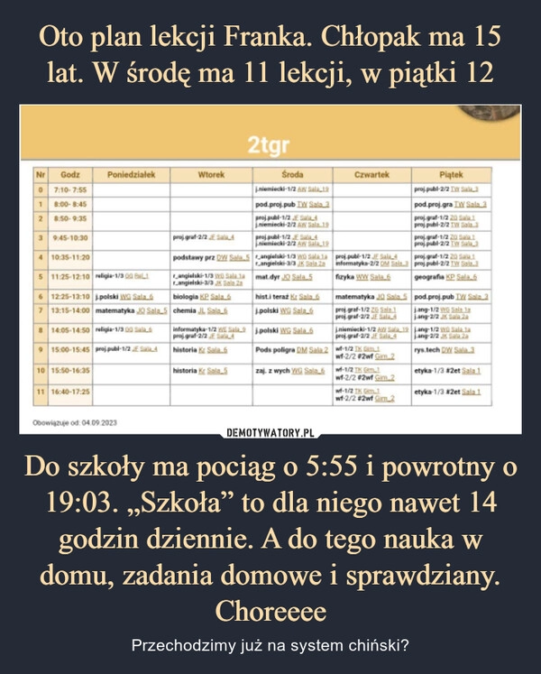 
    Oto plan lekcji Franka. Chłopak ma 15 lat. W środę ma 11 lekcji, w piątki 12 Do szkoły ma pociąg o 5:55 i powrotny o 19:03. „Szkoła” to dla niego nawet 14 godzin dziennie. A do tego nauka w domu, zadania domowe i sprawdziany. Choreeee