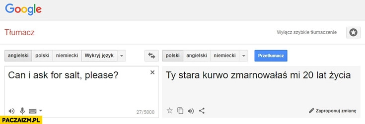 
    Can I ask for salt please? Tłumaczenie Ty stara kurno zmarnowałaś mi 20 lat życia Google tłumacz translate