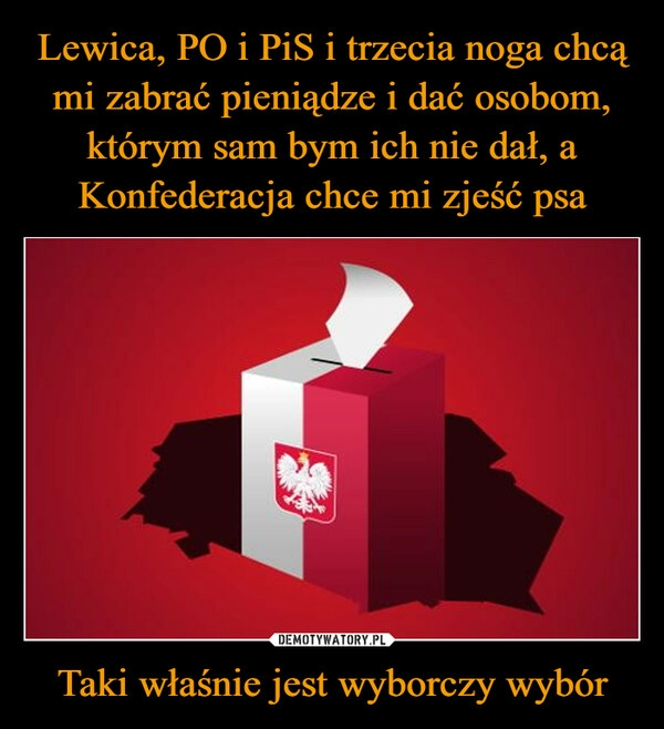 
    Lewica, PO i PiS i trzecia noga chcą mi zabrać pieniądze i dać osobom, którym sam bym ich nie dał, a Konfederacja chce mi zjeść psa Taki właśnie jest wyborczy wybór