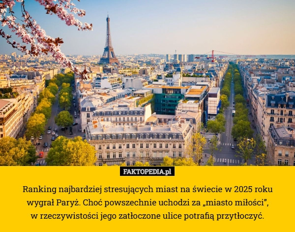 
    Ranking najbardziej stresujących miast na świecie w 2025 roku
 wygrał Paryż.