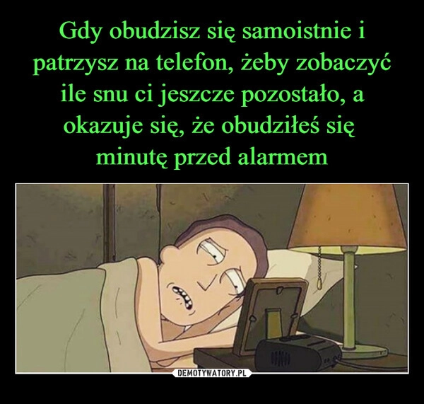 
    Gdy obudzisz się samoistnie i patrzysz na telefon, żeby zobaczyć ile snu ci jeszcze pozostało, a okazuje się, że obudziłeś się 
minutę przed alarmem