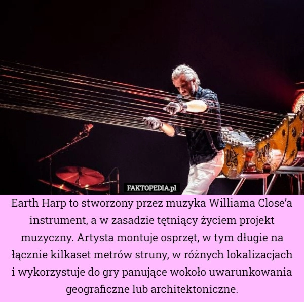 
    Earth Harp to stworzony przez muzyka Williama Close’a instrument, a w zasadzie