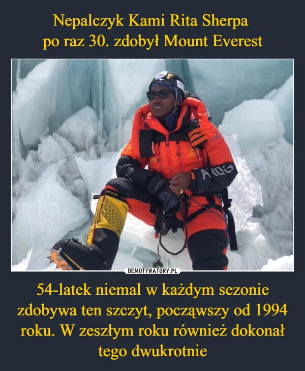 
    Nepalczyk Kami Rita Sherpa 
po raz 30. zdobył Mount Everest 54-latek niemal w każdym sezonie zdobywa ten szczyt, począwszy od 1994 roku. W zeszłym roku również dokonał tego dwukrotnie